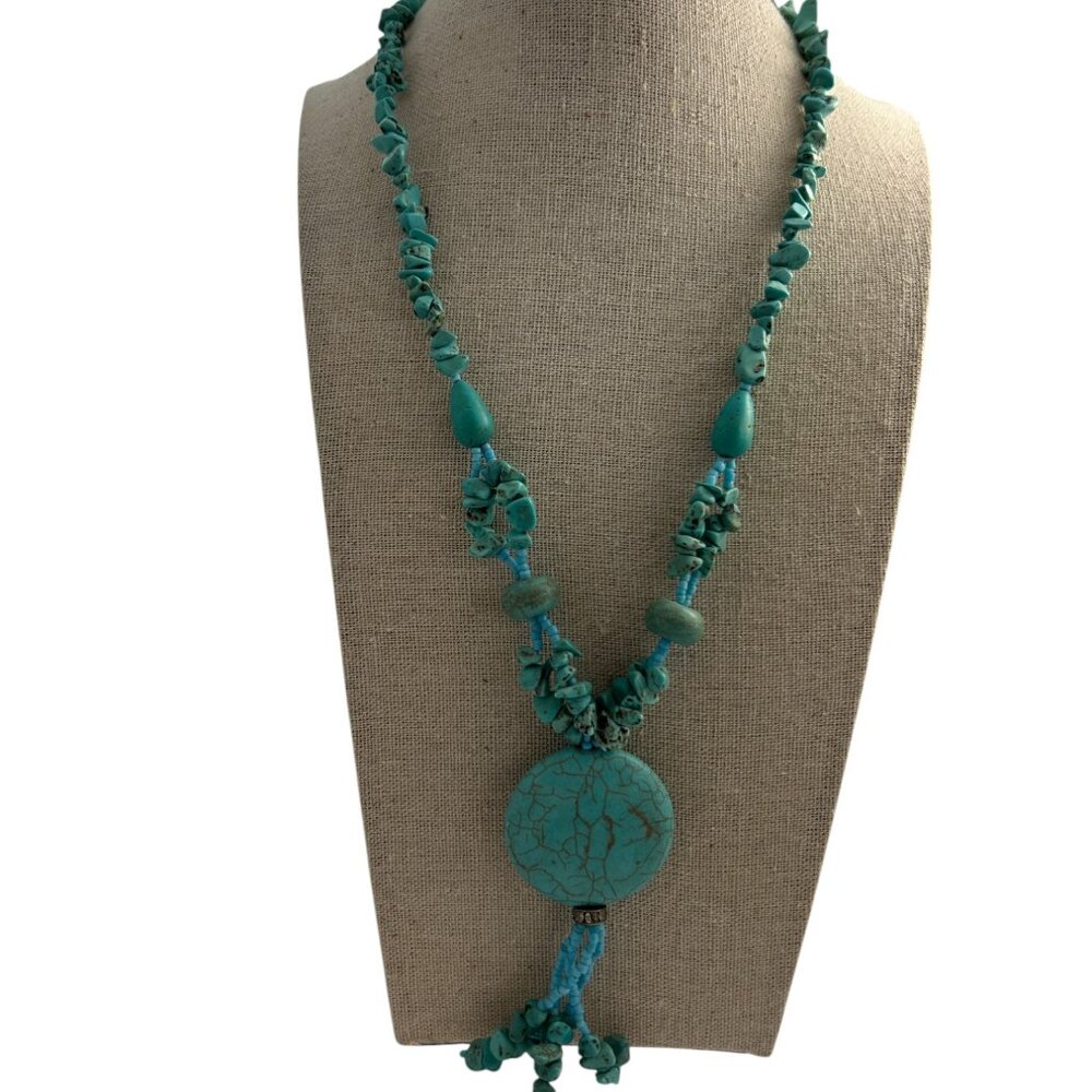 Faux Turquoise Chip Bead Necklace Round Pendant Fringe Tassel Statement Jewelry